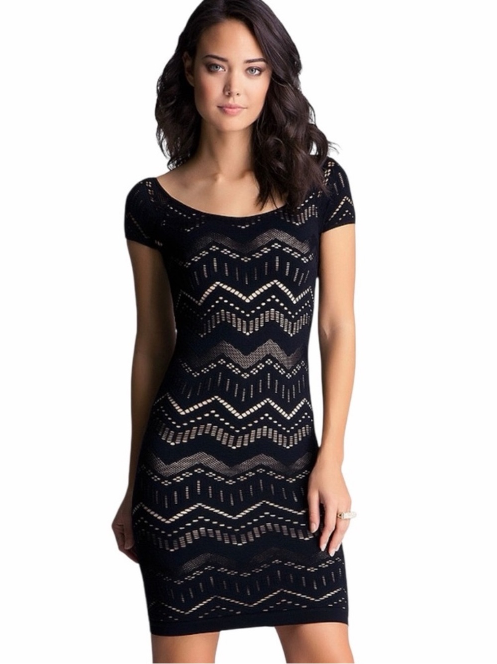 NEW Bebe Black Chevron Stitch Scoop Neck Cap Sleeve Bodycon Dress Size Small